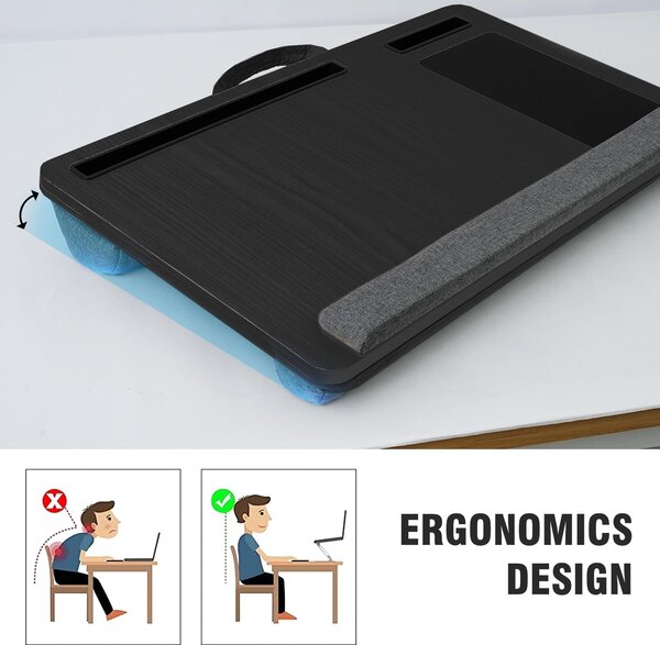 Masuta laptop pentru poala onuvio® tip bed desk / lazy table 55x34 cm, cu suport mouse si suport antebrat cu perne duble de aerisire, pentru laptopuri pana la 17 inch - gri
