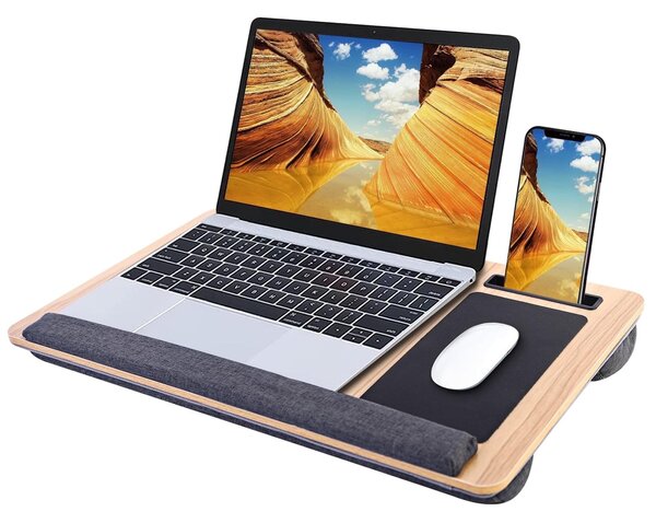 Masuta laptop pentru poala onuvio® tip bed desk / lazy table 55x34 cm, cu suport mouse si suport antebrat cu perne duble de aerisire, pentru laptopuri pana la 17 inch - maro
