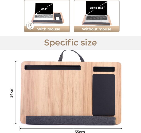 Masuta laptop pentru poala onuvio® tip bed desk / lazy table 55x34 cm, cu suport mouse si suport antebrat cu perne duble de aerisire, pentru laptopuri pana la 17 inch - maro