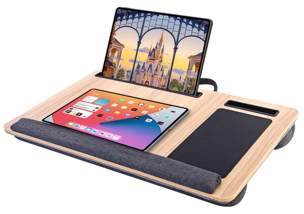 Masuta laptop pentru poala onuvio® tip bed desk / lazy table 55x34 cm, cu suport mouse si suport antebrat cu perne duble de aerisire, pentru laptopuri pana la 17 inch - maro