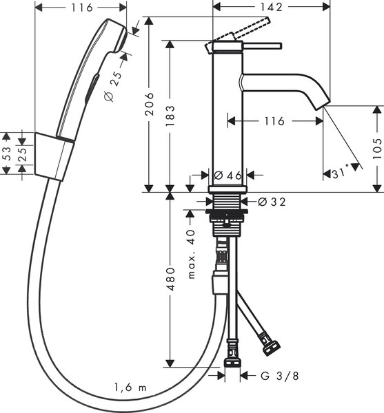 Hansgrohe Tecturis S baterie lavoar cu duș bideu stativ crom 73211000