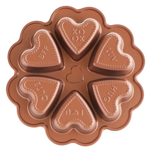 Formă pentru 6 prăjituri în formă de inimă Nordic Ware Valentine, 500 ml, arămiu