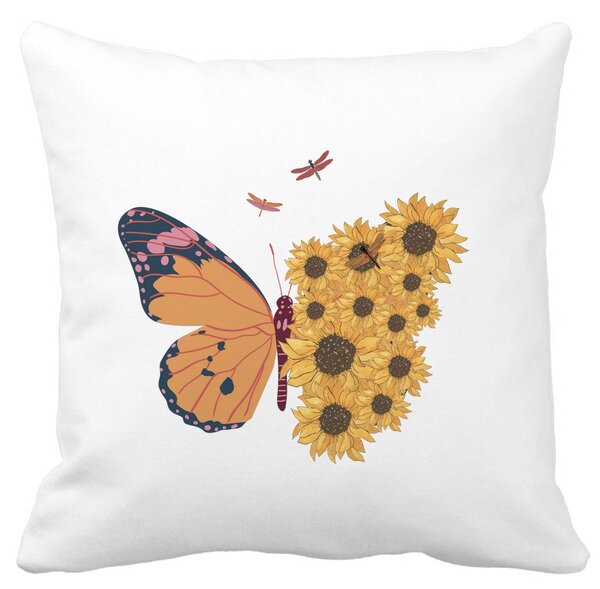 Perna Decorativa, SunFlower Butterfly, 40x40 cm, Alba, Mata, Husa Detasabila, Burduf