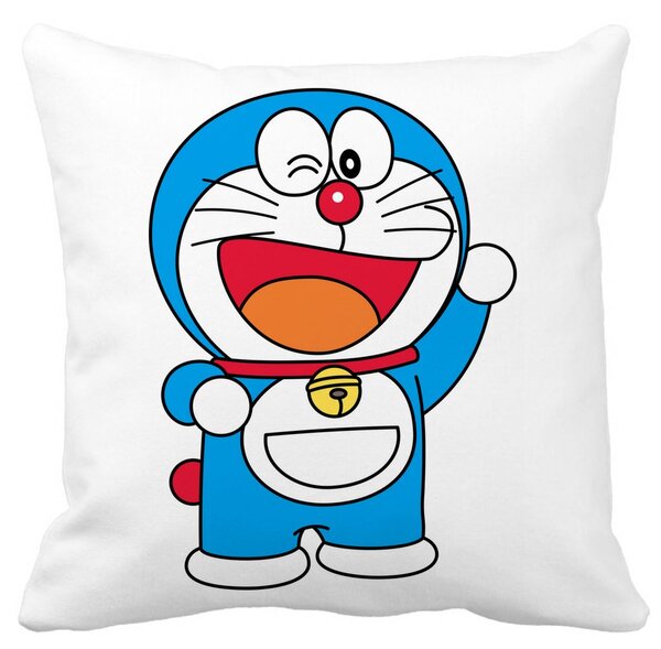 Perna Decorativa Patrata copii Doraemon, 40x40 cm, Alba, Mata, Husa Detasabila, Burduf
