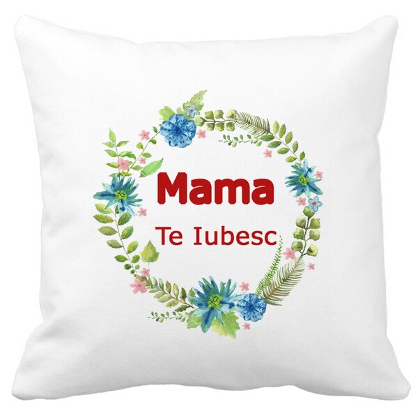 Perna Decorativa Patrata Pentru Mama Te iubesc 2,40x40 cm, Alba, Mata, Husa Detasabila, Burduf