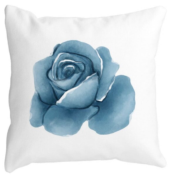 Perna Decorativa Patrata Florale Trandafir Albastru, 40x40 cm, Alba, Mata, Husa Detasabila, Burduf