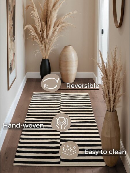 Covor tip traversă negru-alb reversibil/țesut manual din lână 80x200 cm Donna – Hanse Home