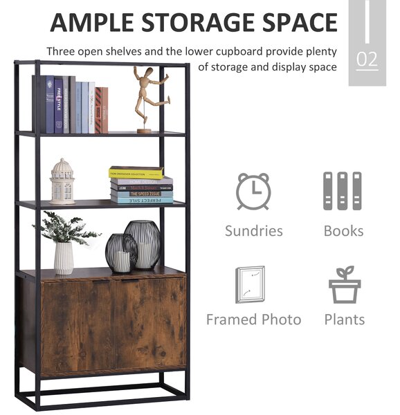HOMCOM Biblioteca cu 3 Rafturi, Design Inaltat, din Lemn, Cadru din Metal, Negru si Maro 76x33x162.5cm | Aosom Romania