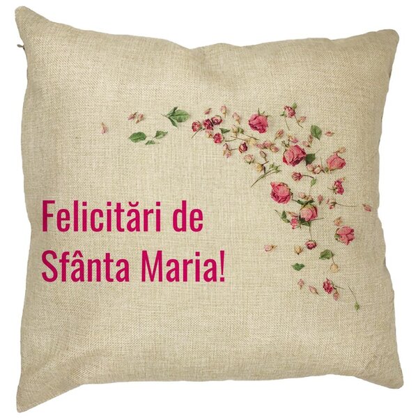 Perna Decorativa Felicitari de Sfanta Maria, 40x40 cm, Husa Detasabila, Burduf