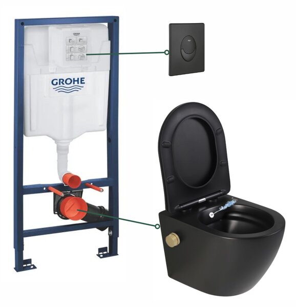 Set vas wc suspendat cu functie bideu si baterie inclusa auriu mat Foglia Oslo, rezervor wc incastrat si clapeta negru mat, Grohe