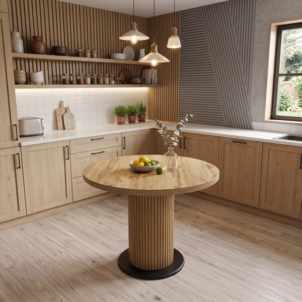 Masă fixă Rotundă Florys Nuc Deschis Picior Nuc cu Negru 90×75 cm