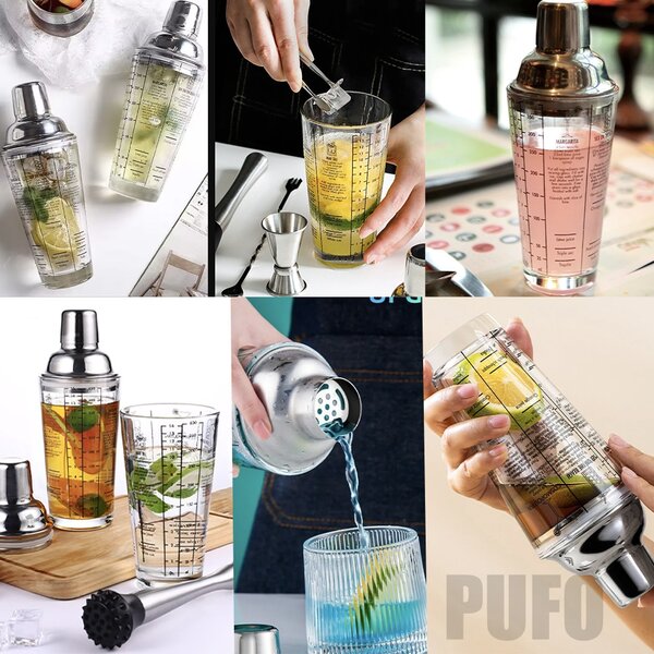 Shaker din sticla Pufo Cocktail cu capac pentru bar si cocktail, 450 ml
