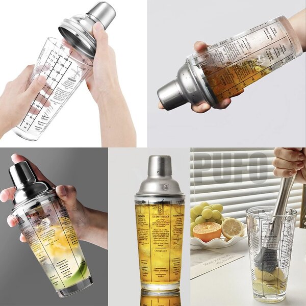 Shaker din sticla Pufo Cocktail cu capac pentru bar si cocktail, 450 ml