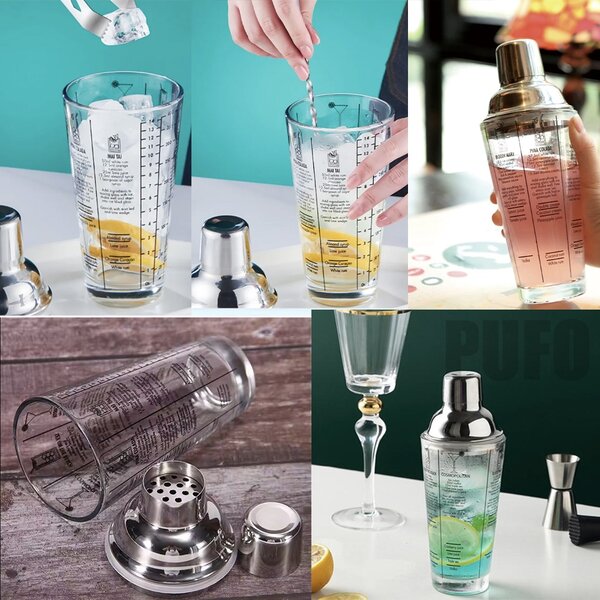 Shaker din sticla Pufo Cocktail cu capac pentru bar si cocktail, 450 ml