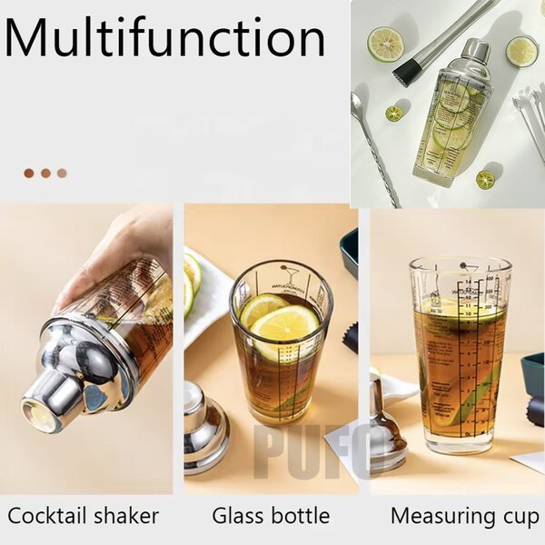 Shaker din sticla Pufo Cocktail cu capac pentru bar si cocktail, 450 ml