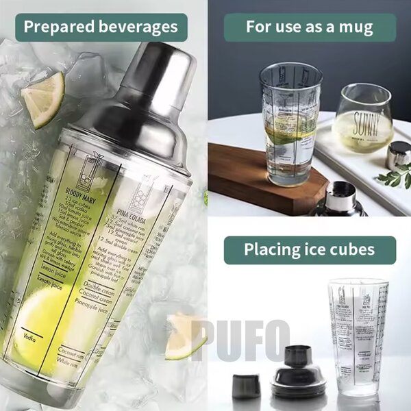 Shaker din sticla Pufo Cocktail cu capac pentru bar si cocktail, 450 ml