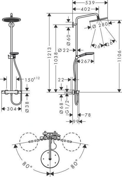 Hansgrohe Croma Select S set de duș perete cu termostat cu duș de ploaie || 26890140