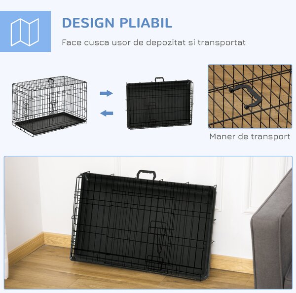 Cusca de transport pentru animale cu 2 usi cu inchidere de siguranta dubla, fir de otel si ABS 76×46×52cm Negru PawHut | Aosom Romania