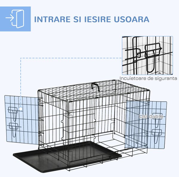 Cusca de transport pentru animale cu 2 usi cu inchidere de siguranta dubla, fir de otel si ABS 76×46×52cm Negru PawHut | Aosom Romania