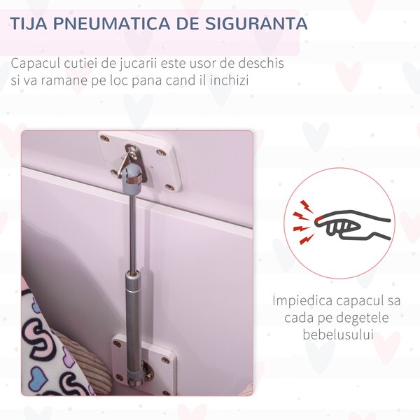 HOMCOM Bancă Depozitare Jucării Copii, Capac Pneumatic, Lemn, 60x40x48cm, Roz | Aosom Romania