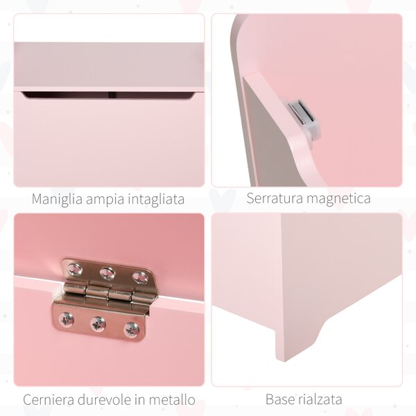 HOMCOM Bancă Depozitare Jucării Copii, Capac Pneumatic, Lemn, 60x40x48cm, Roz | Aosom Romania