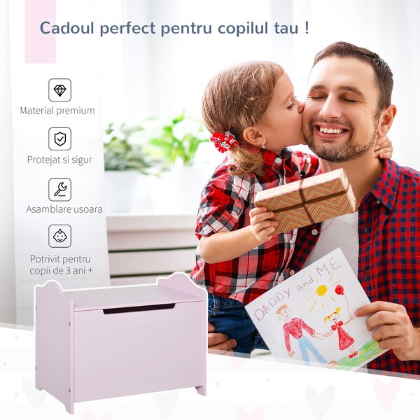 HOMCOM Bancă Depozitare Jucării Copii, Capac Pneumatic, Lemn, 60x40x48cm, Roz | Aosom Romania