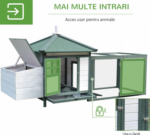 Cotet de gaini PawHut, lemn 196x76x97cm, alb/verde | AOSOM RO