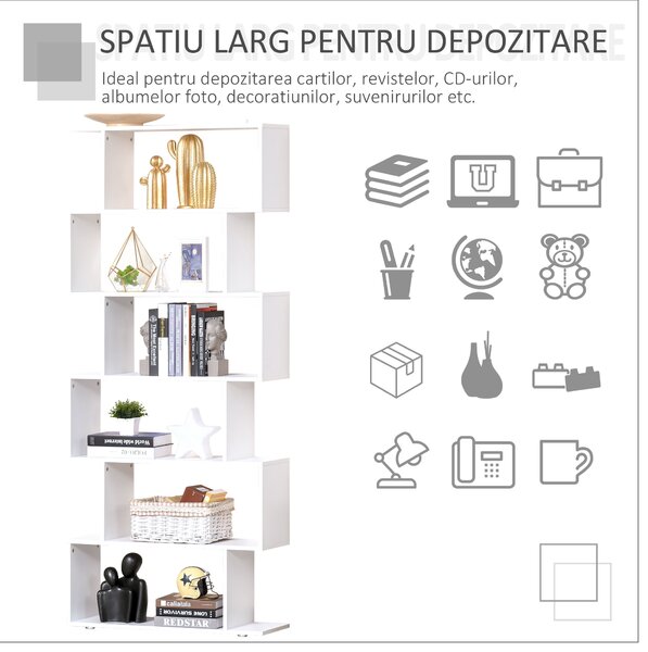 HOMCOM Bibliotecă din Lemn cu 6 Rafturi, 80x24x191 cm, Alb | Aosom Romania
