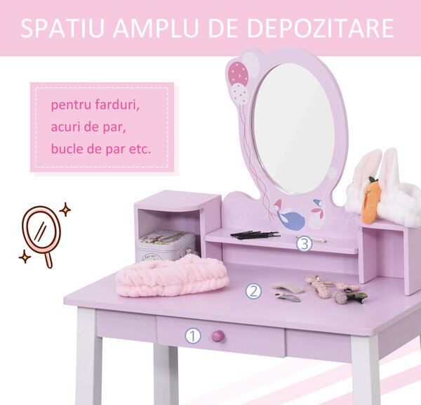 HOMCOM set masa de toaleta cu oglinda si scaun, masa de printese pentru copii, masa de machiaj | Aosom Romania