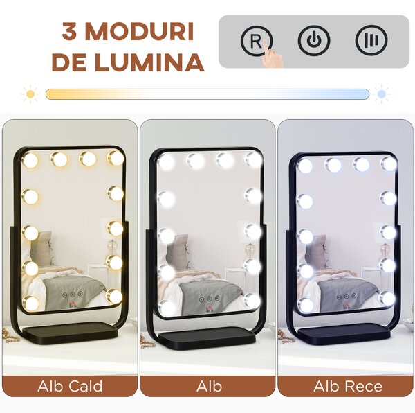 HOMCOM Oglindă de Masă pentru Machiaj, Stil Hollywood cu Iluminare LED Reglabilă, 12 Lumini, Negru | Aosom Romania