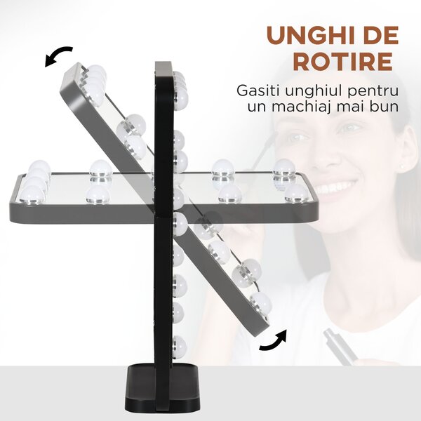 HOMCOM Oglindă de Masă pentru Machiaj, Stil Hollywood cu Iluminare LED Reglabilă, 12 Lumini, Negru | Aosom Romania