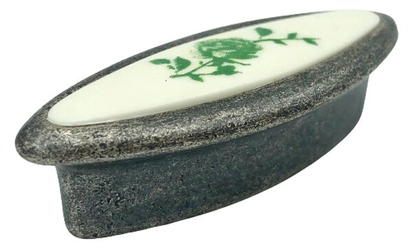 Buton pentru mobila cu insertie rasina floare verde, finisaj argint oxidat, 32 mm