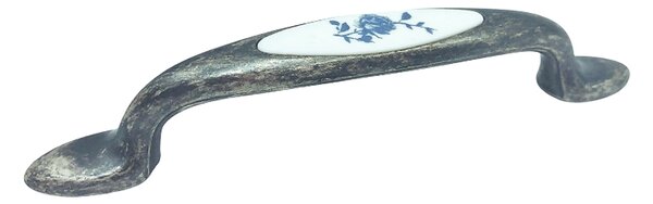 Maner pentru mobila cu insertie rasina floare albastra, finisaj argint oxidat, 96 mm