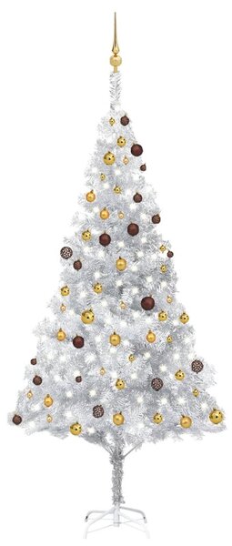 Brad Crăciun pre-iluminat cu set globuri, argintiu, 240 cm, PET