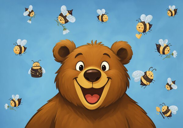 Fototapet Urs de desene animate înconjurat de albine care zboară în jurul lui, Fototapet copii, Fototapet populare, w03969 - Tapeko.ro
