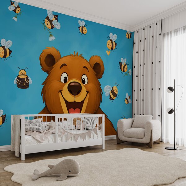 Fototapet Urs de desene animate înconjurat de albine care zboară în jurul lui, Fototapet copii, Fototapet populare, w03969 - Tapeko.ro