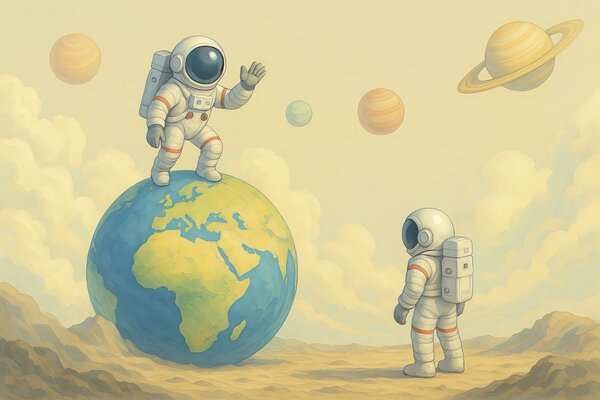 Fototapet Doi astronauți care stau pe o planetă, Fototapet spațiu cosmic, Fototapet populare, w03980 - Tapeko.ro
