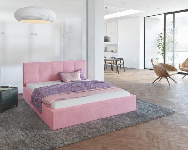 Pat tapițat RINO - Paris Roz cadru, somieră metalică 90 x 200