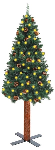 Brad de Crăciun pre-iluminat slim, lemn&conuri, verde, 150 cm
