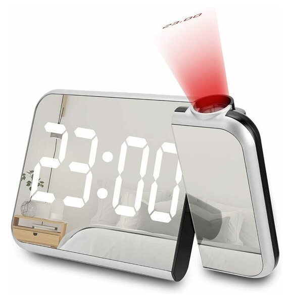 Ceas digital de birou, afisaj LED rosu, oglinda, ora, data, temperatura, alarma, alimentare prin USB
