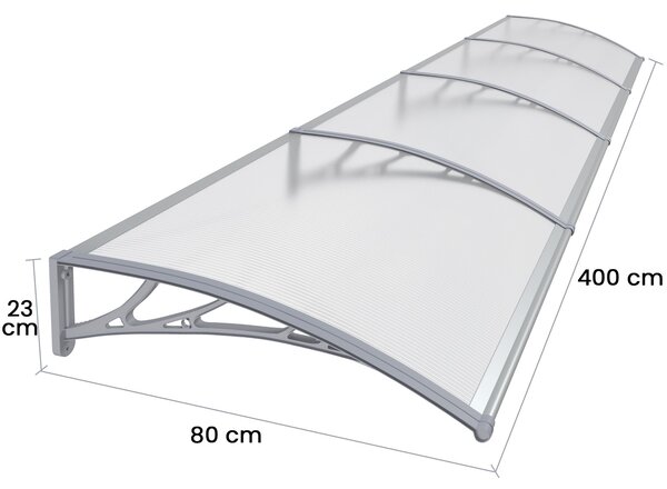 Copertină PREMIUM 400x80 cm, placă 6 mm dintr-o bucată – Gri/Transparent