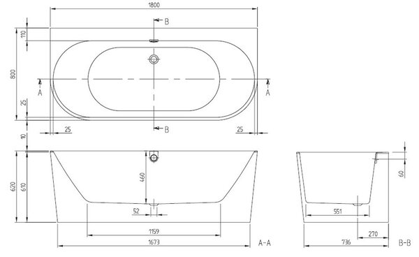 Villeroy & Boch Oberon cadă de perete 180x80 cm ovală alb UBQ180OBR9CD00V-01