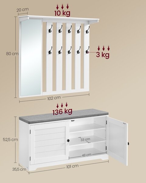 Cuier cu pantofar tip bacheta, Rocco, Alb, 102x52x90 cm