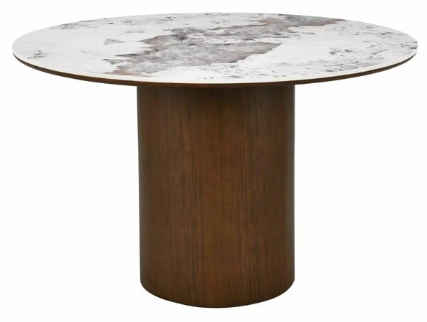 Masă rotundă Rondo cu blat din ceramică, alb lucios/nuc (120 cm)
