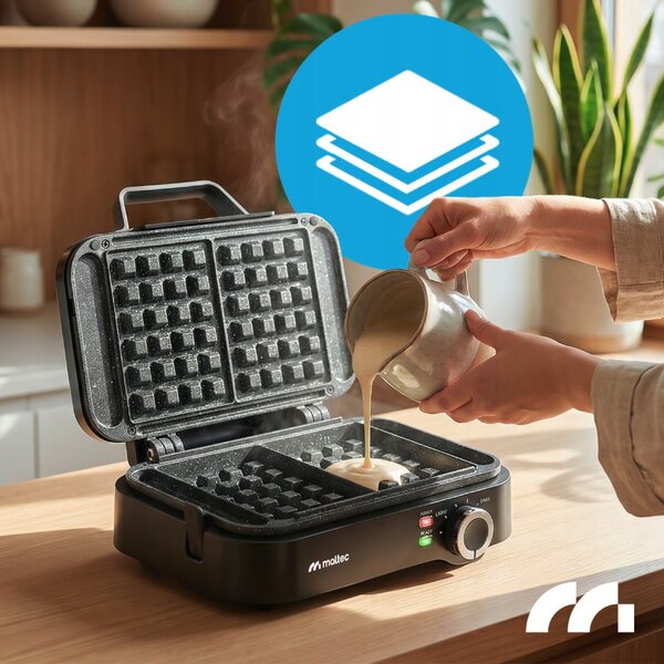 Aparat de vafe MalTec de 1200 W – 2 vafe mari, temperatură reglabilă, suprafață antiaderentă din marmură