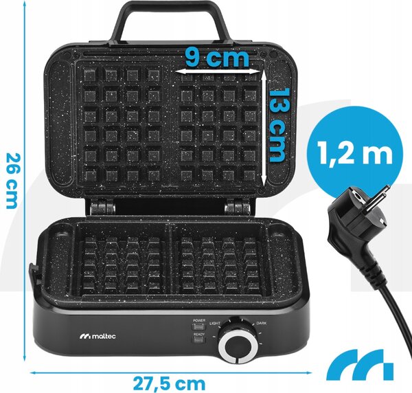 Aparat de vafe MalTec de 1200 W – 2 vafe mari, temperatură reglabilă, suprafață antiaderentă din marmură