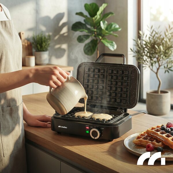 Aparat de vafe MalTec de 1200 W – 2 vafe mari, temperatură reglabilă, suprafață antiaderentă din marmură