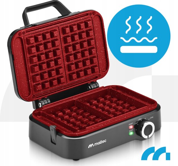 Aparat de vafe MalTec de 1200 W – 2 vafe mari, temperatură reglabilă, suprafață antiaderentă din marmură