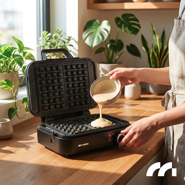 Aparat de vafe MalTec de 1200 W – 2 vafe mari, temperatură reglabilă, suprafață antiaderentă din marmură