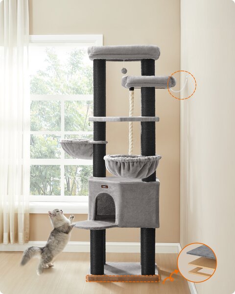 Stâlp de zgâriat pentru pisici, turn pentru pisici cu mai multe niveluri, XXL, gri și negru 55x55x187cm